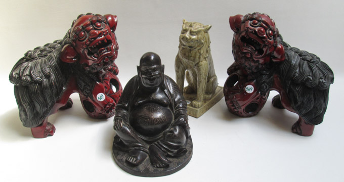 Appraisal: FOUR CHINESE DESK ACCESSORIES including a wood carved Buddha height