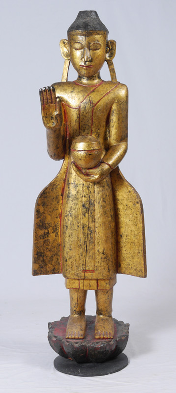 Appraisal: LARGE GILDED CARVED WOOD STANDING BODHISATTVA Standing Buddhist figure with