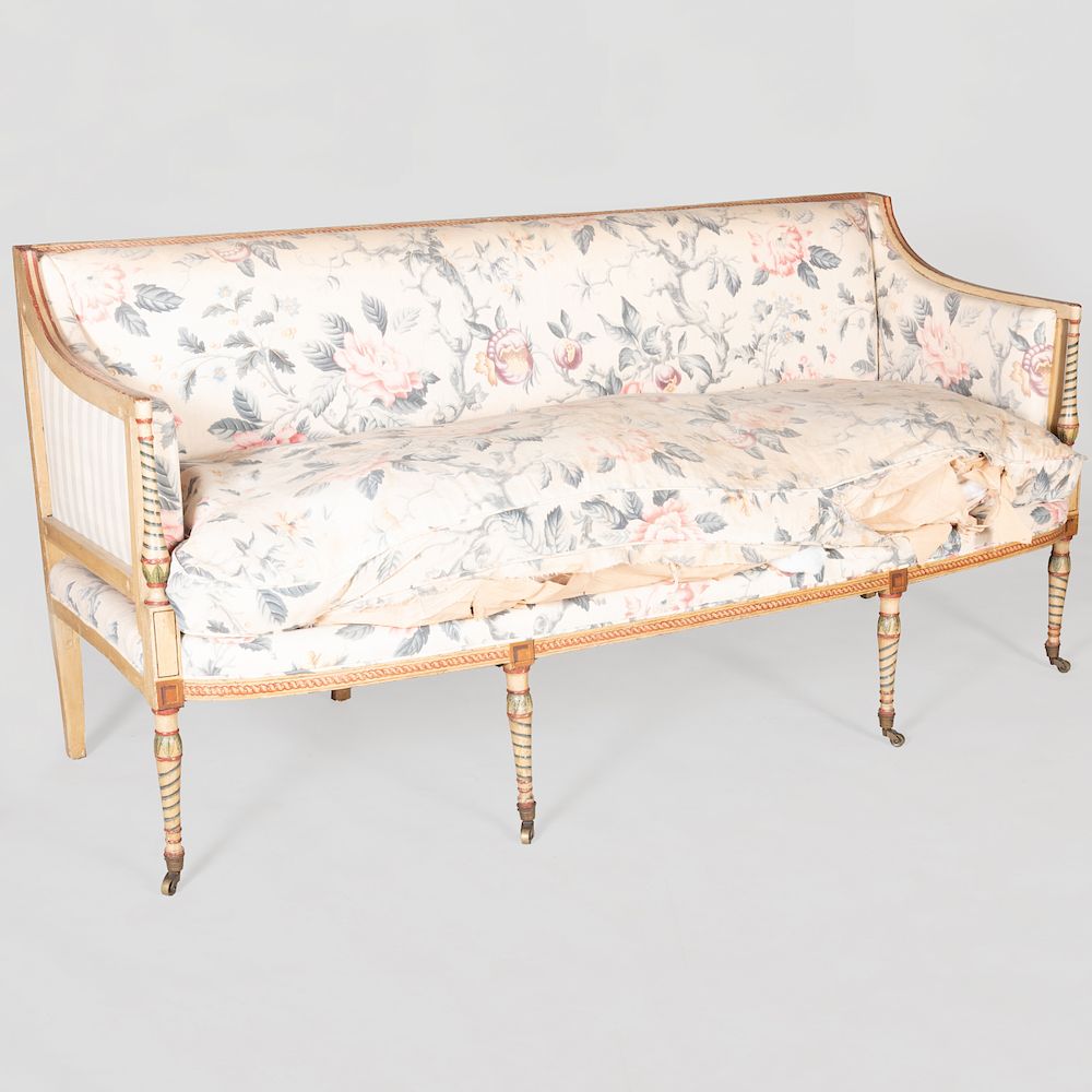 Appraisal: Regency Painted Settee Upholstered in floral linen fabric and painted