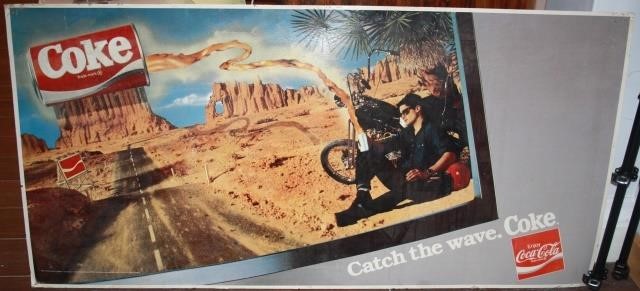 Appraisal: LARGE VINTAGE COCA-COLA CARDBOARD SIGN CATCH THEWAVE MOTORCYCLIST RESTING IN