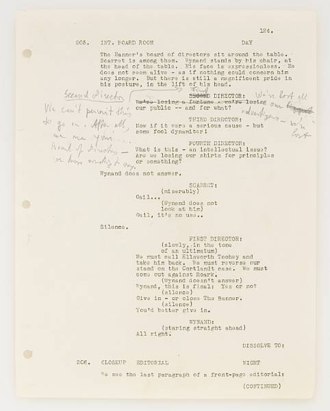 Appraisal: RAND AYN ANNOTATED PAGES FROM THE FOUNTAINHEAD SCREENPLAY Typed Manuscript