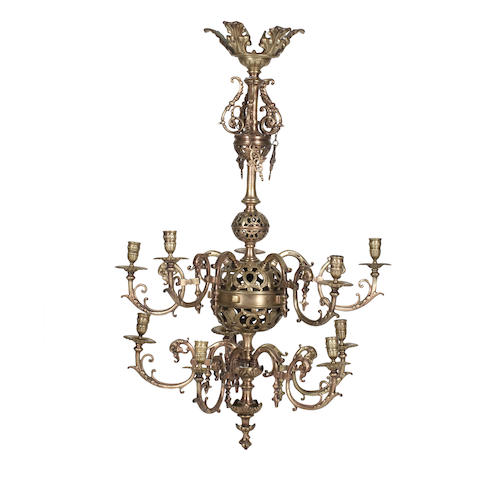 Appraisal: An early th century ten-branch brass chandelier The pierced baluster-shaped