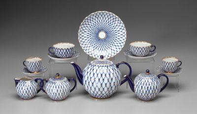 Appraisal: Russian porcelain tea service diamond latticework with cobalt and gilt