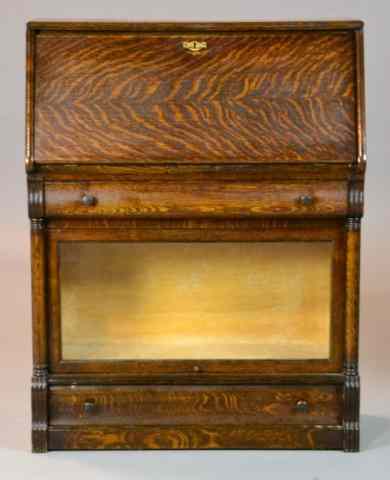 Appraisal: Antique Dark Tiger Oak Drop Front Barrister DeskUnusual barrister's drop