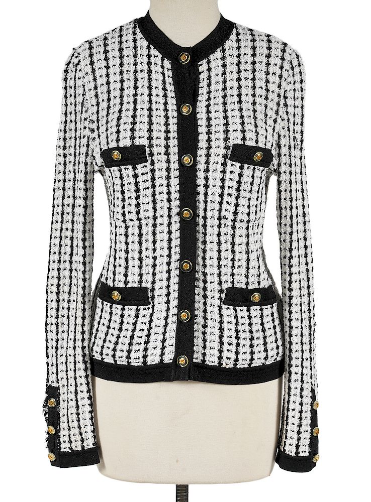 Appraisal: Chanel Black White Knit Jacket Cardigan Sz Chanel Boutique Black