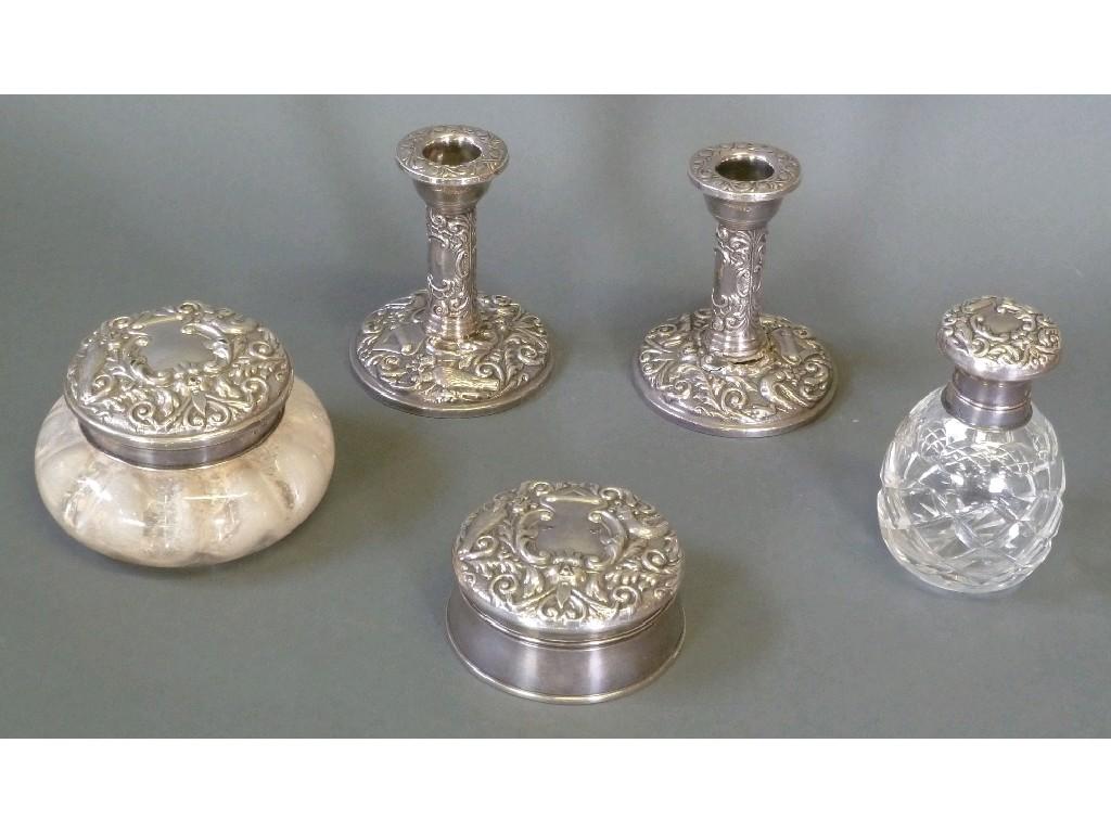 Appraisal: FIVE PIECE EMBOSSED SILVER DRESSING TABLE SET embossed wit birds