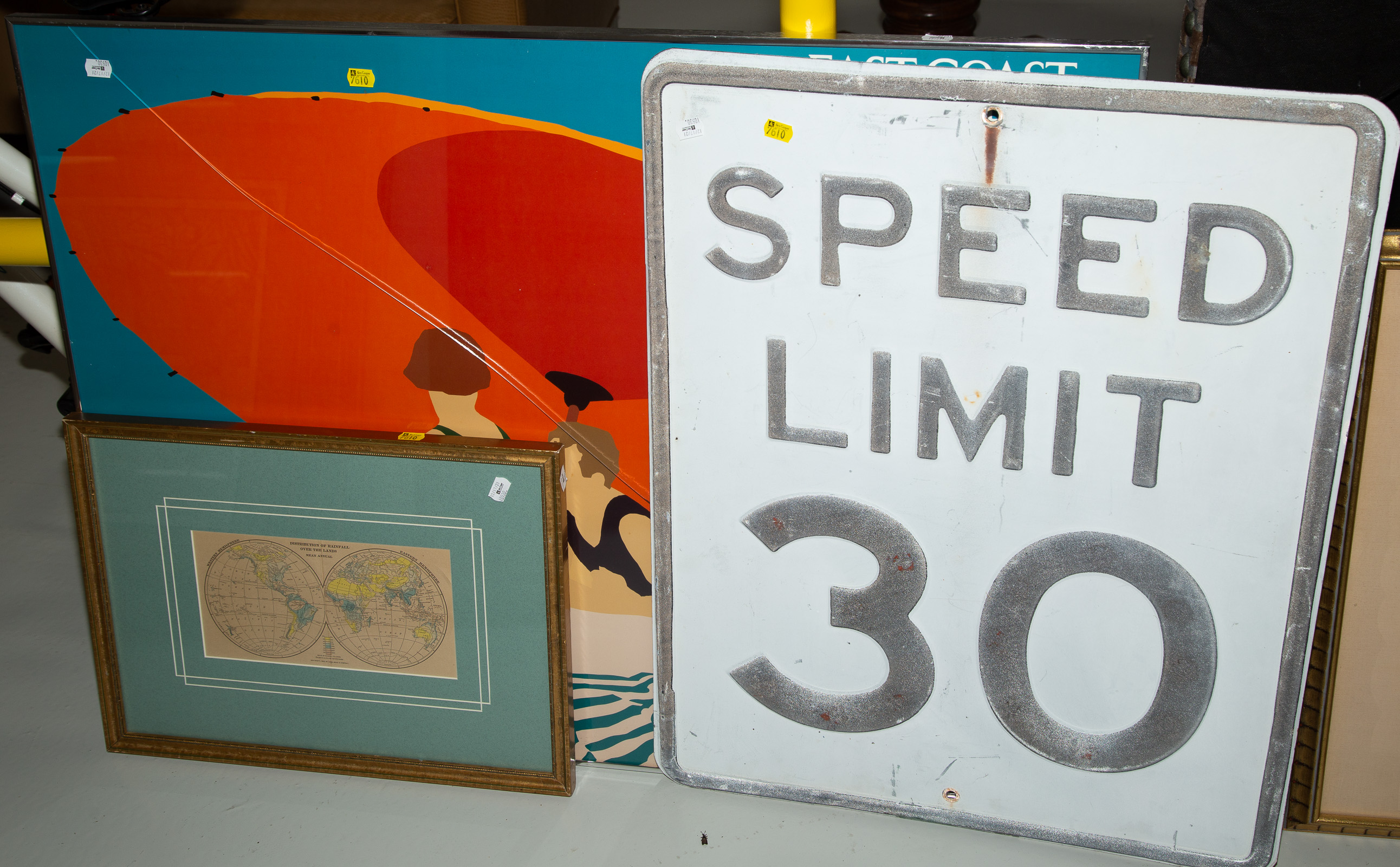 Appraisal: TWO FRAMED ART WORKS SPEED LIMIT SIGN Steel highway sign