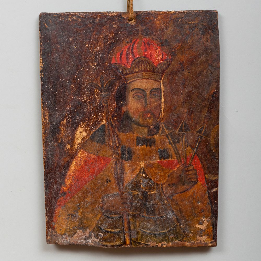 Appraisal: Icon of a Saint Holding Three Arrows and Staff an