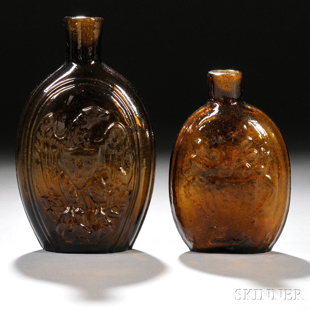 Appraisal: Two Olive-amber Blown-molded Historical Glass Flasks a pint flask with