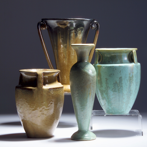 Appraisal: FULPER Four vases two bullet-shaped in turquoise crystalline or frothy