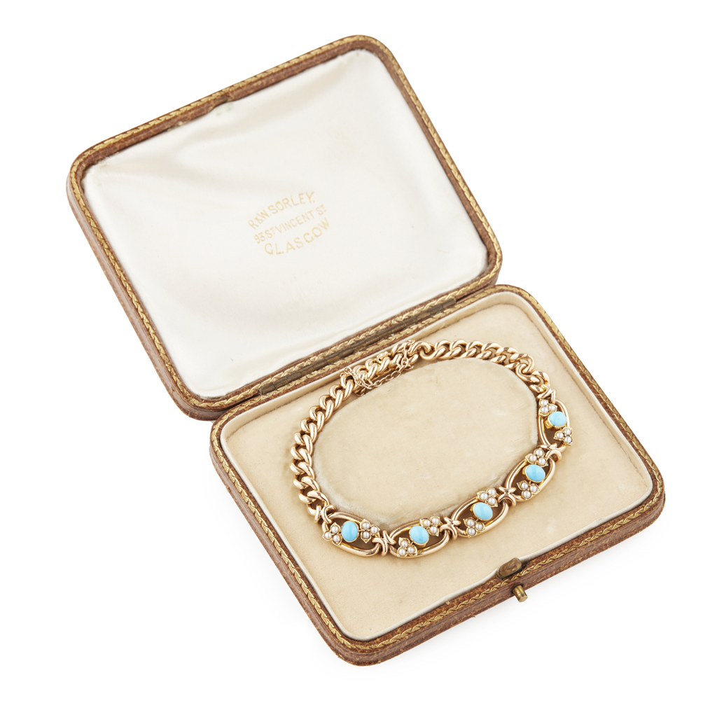 Appraisal: A turquoise and seed pearl bracelet composed of open oval