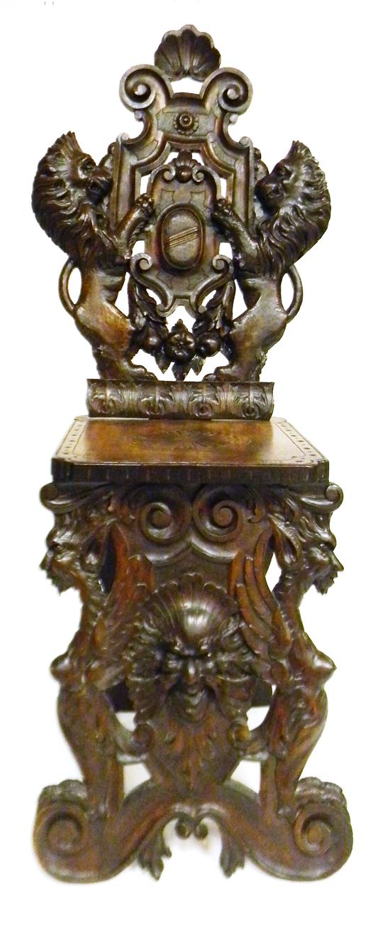 Appraisal: Late th C carved chair walnut lion and shield carved