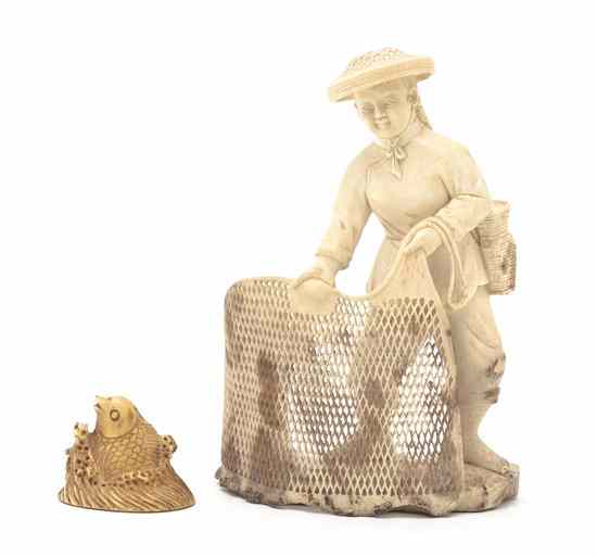 Appraisal: A Chinese Carved Ivory Figure depicting a fisherwoman in a