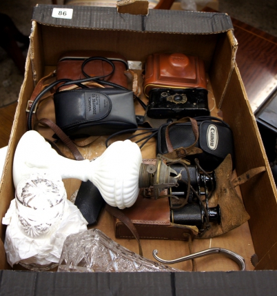 Appraisal: A collection of various cameras binoculars cut glass decanter and