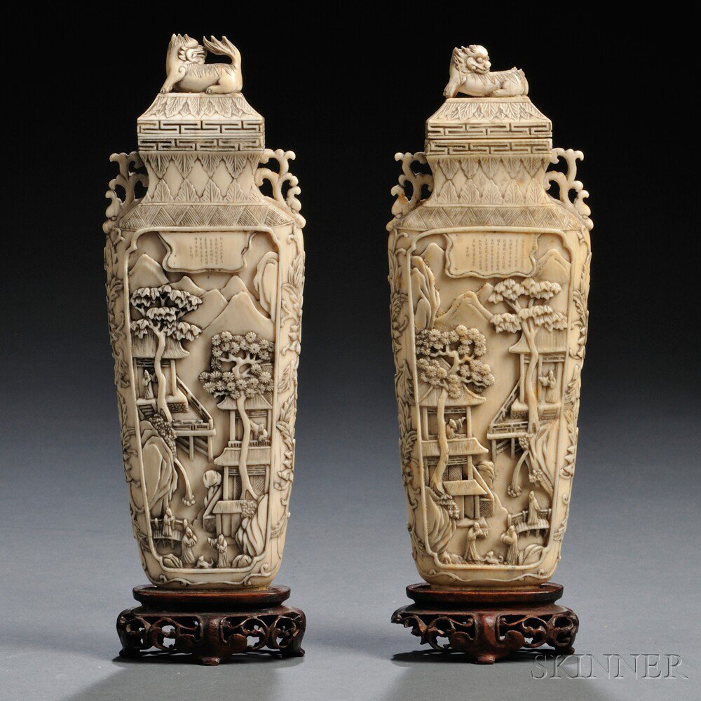 Appraisal: Pair of Flat Ivory Vases China decorated with landscapes and