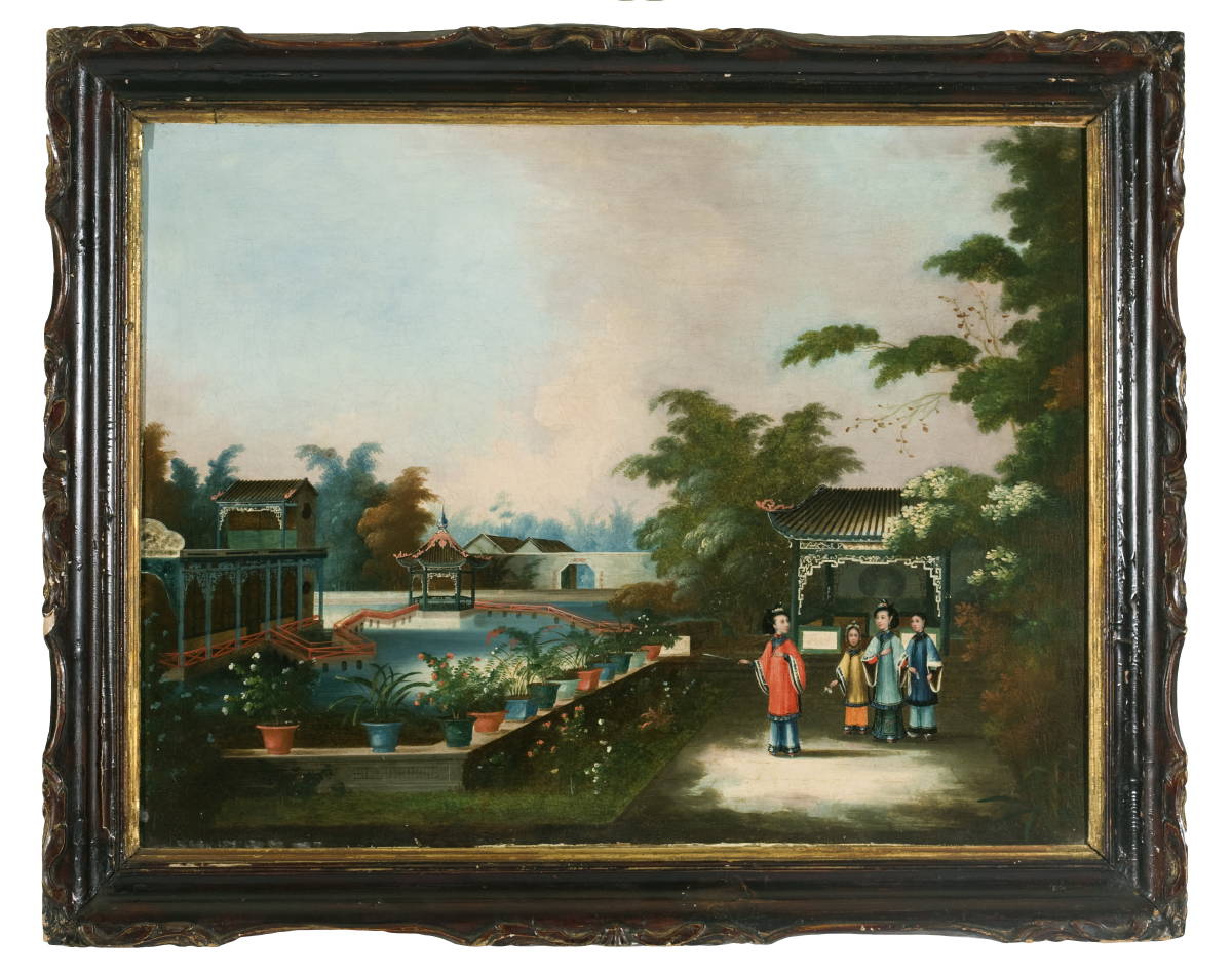 Appraisal: CHINA TRADE PAINTING OF A CHINESE GARDEN WITH WOMEN NEAR