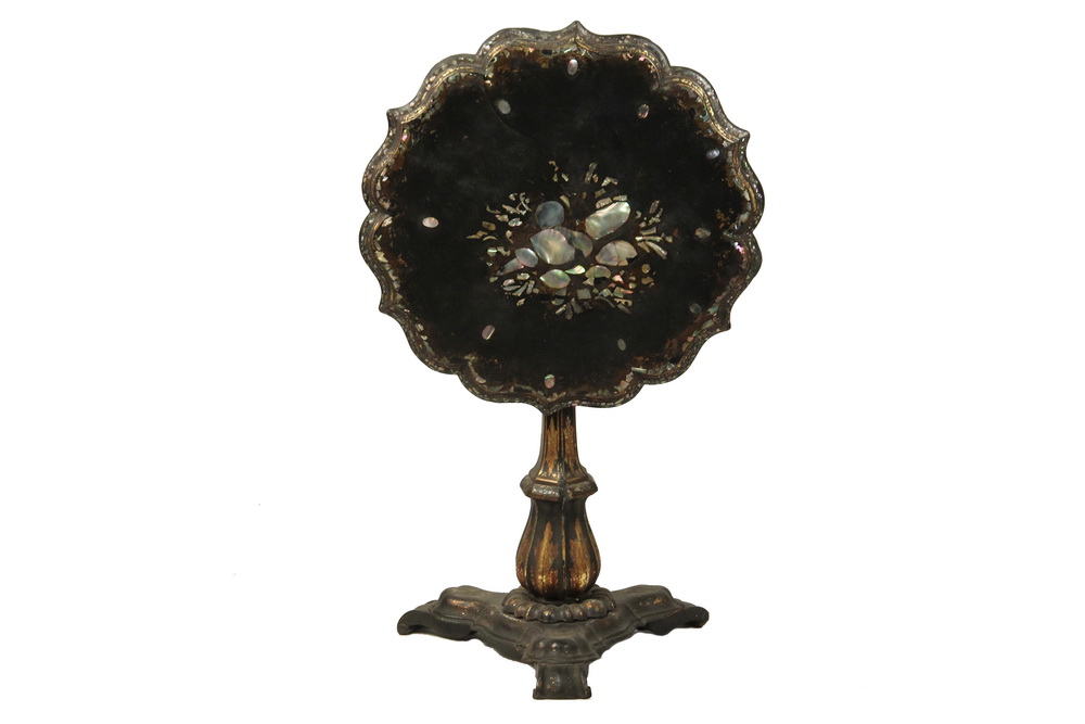 Appraisal: TILT-TOP PAPIER MACHE TABLE - Continental Mother-of-Pearl Inlaid Black Lacquer