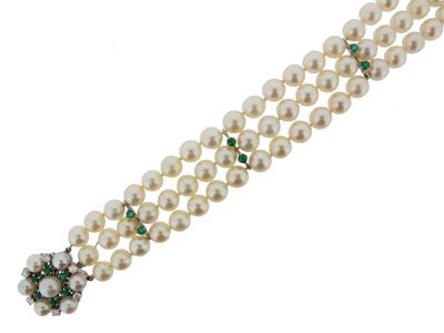 Appraisal: A cultured pearl three row bracelet The pearls graduate from