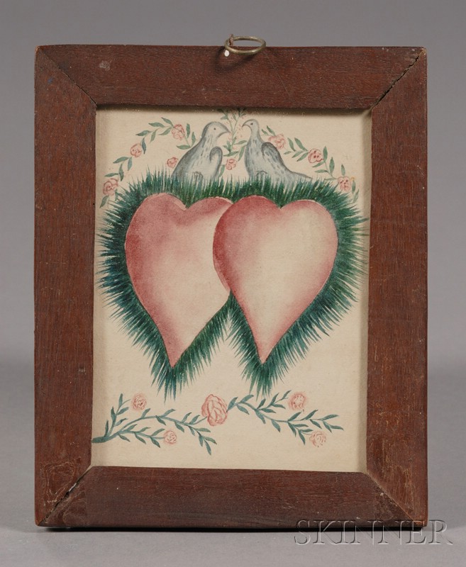 Appraisal: Small Framed Valentine with Hearts and Birds America th century