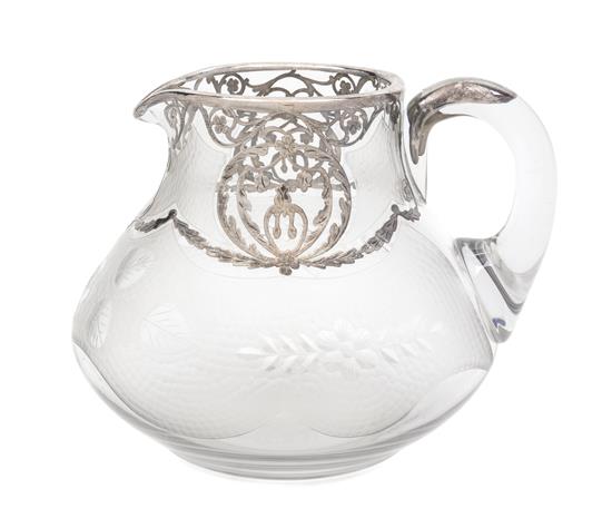 Appraisal: Sale Lot A Sterling Overlay Clear and Wheel Cut Pitcher