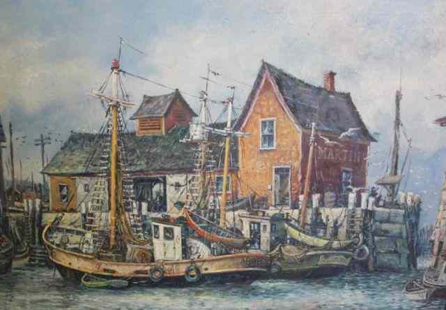 Appraisal: MAFFEI Nautical Oil on Canvas of Boats in Harbor Signed