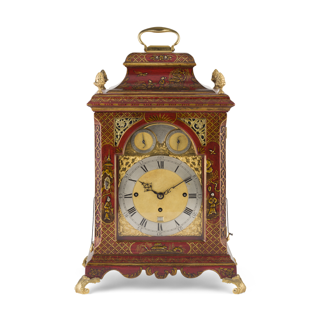 Appraisal: GEORGE III PARCEL GILT AND RED JAPANNED MUSICAL BRACKET CLOCK