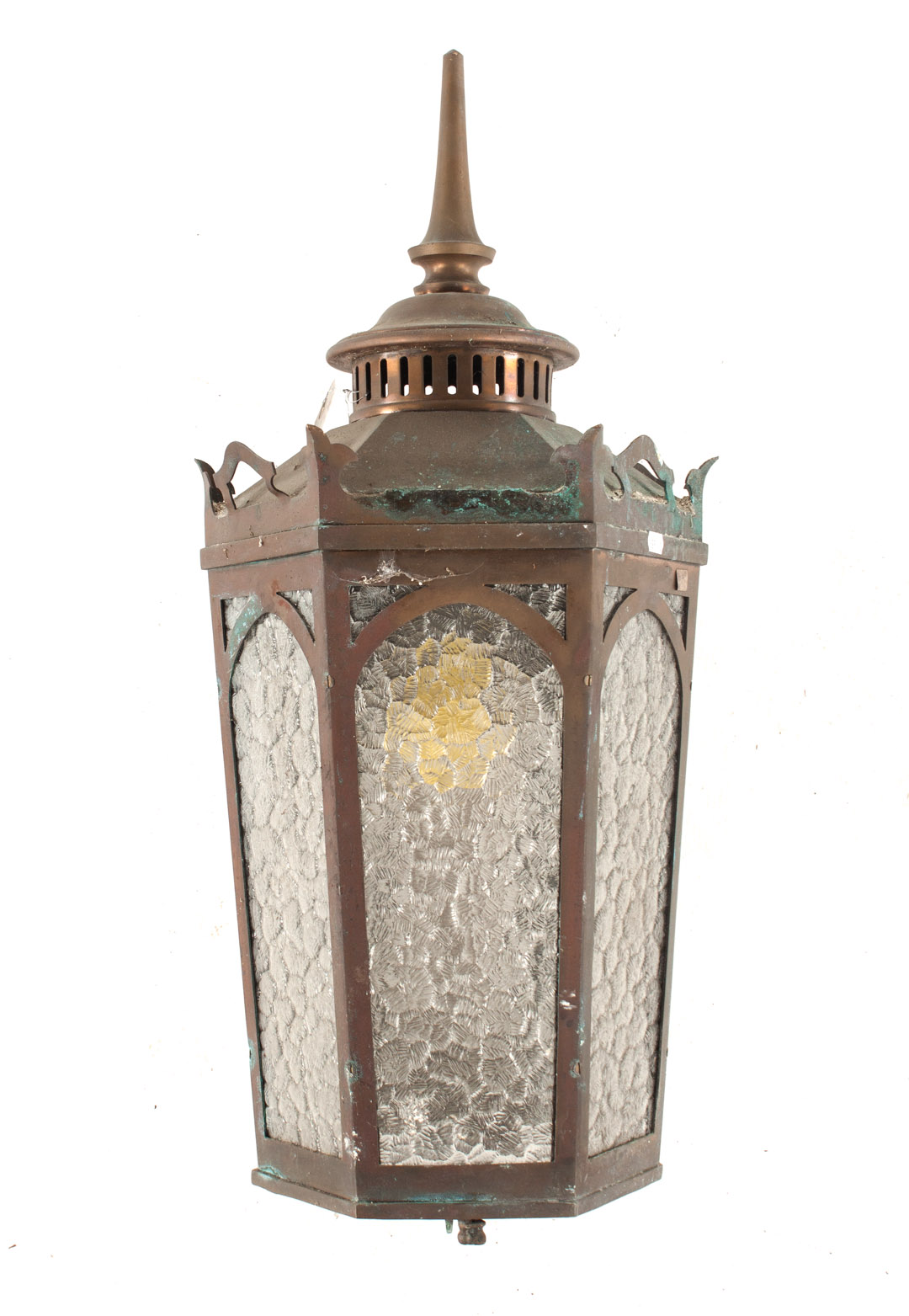 Appraisal: Gothic Revival copper and cracked ice glass light copper body