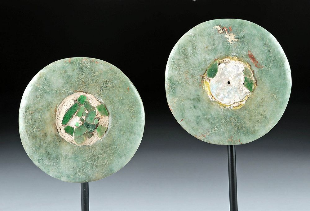 Appraisal: Maya Jade Mosaic Ear Spools Matched Pair Originally Listed At