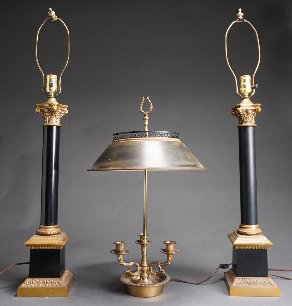 Appraisal: PAIR EMPIRE STYLE GILT BLACK PAINTED LAMPS AND BOUILLOTTE LAMP