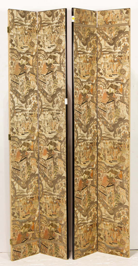 Appraisal: Japanese four-panel embroidered folding screen mounted as windows h x