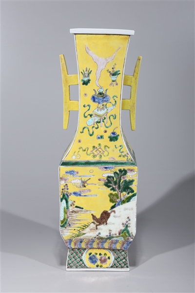 Appraisal: Large yellow-ground Chinese enameled porcelain vase with animal and floral