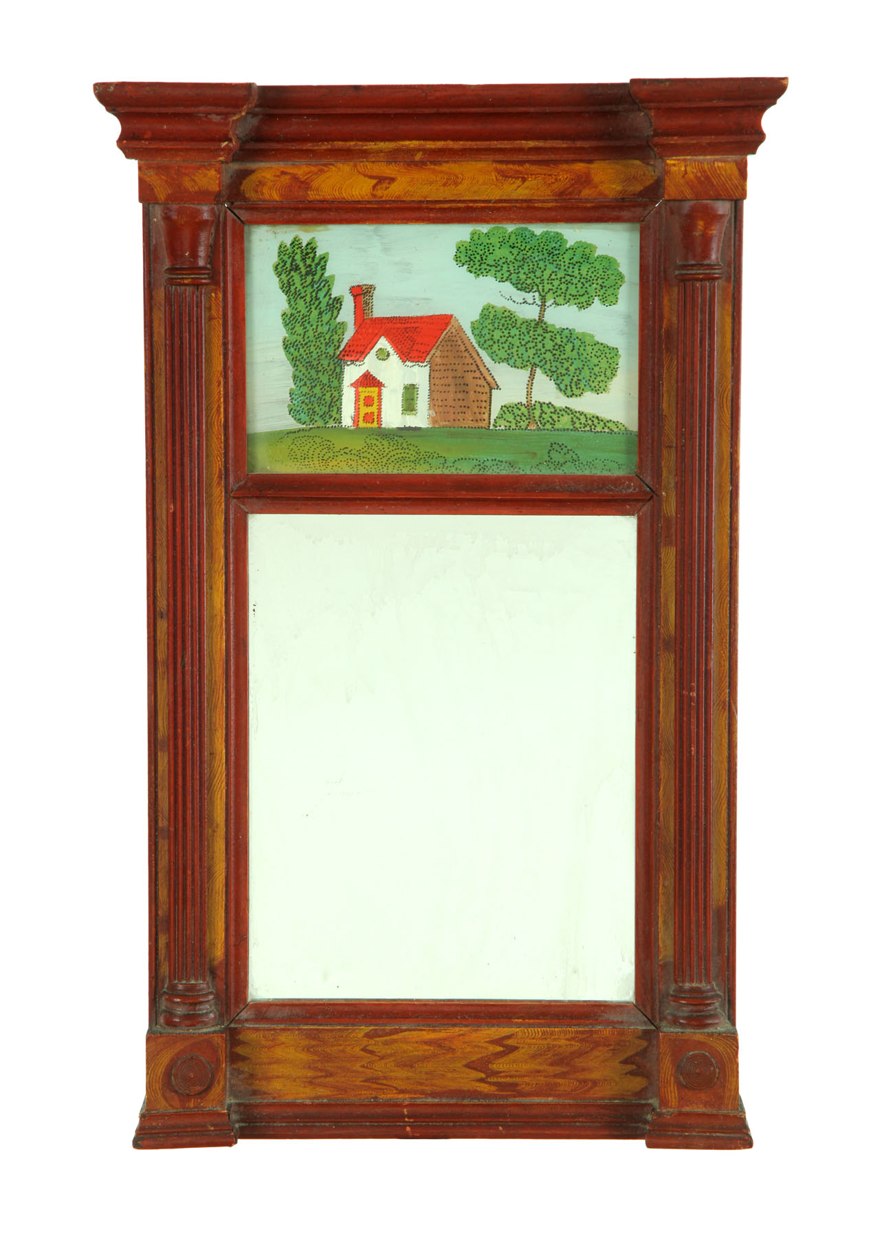 Appraisal: DECORATED FEDERAL MIRROR American early th century pine and glass