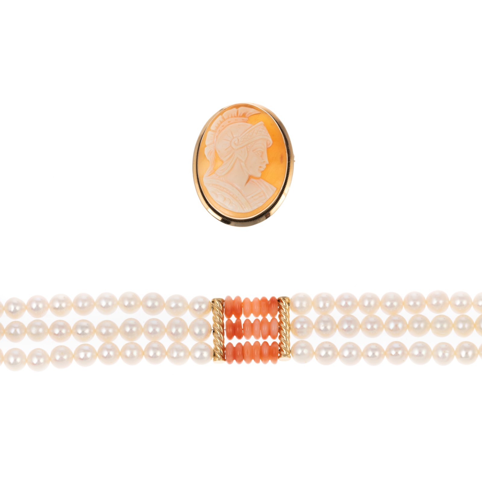 Appraisal: A K PEARL CORAL BRACELET K CAMEO PIN K yellow