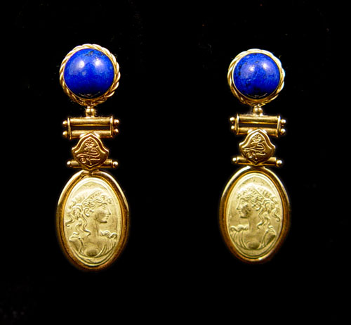 Appraisal: K GOLD AND LAPIZ REPOUSSE GRECIAN FIGURAL EARRINGS K yellow