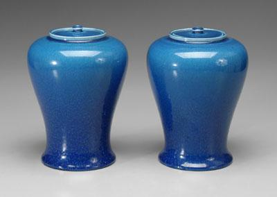 Appraisal: Pair Rookwood lidded jars speckled blue glaze marks for S-