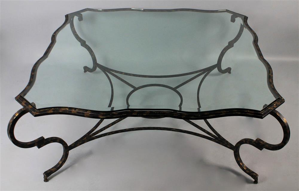 Appraisal: LARGE CAST METAL AND GLASS COFFEE TABLE beveled glass scalloped