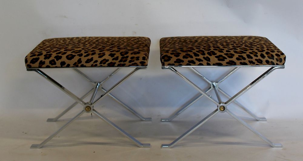 Appraisal: MIDCENTURY Pair Of Brass And Steel X Form Upholstered Benches