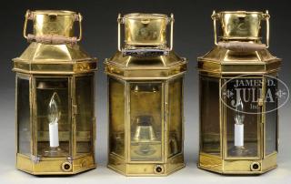 Appraisal: GROUP OF THREE ENGLISH BRASS CABIN LANTERNS First half th