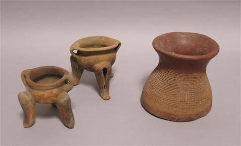 Appraisal: THREE PRE-COLOMBIAN VESSELS The first a vase if waisted baluster