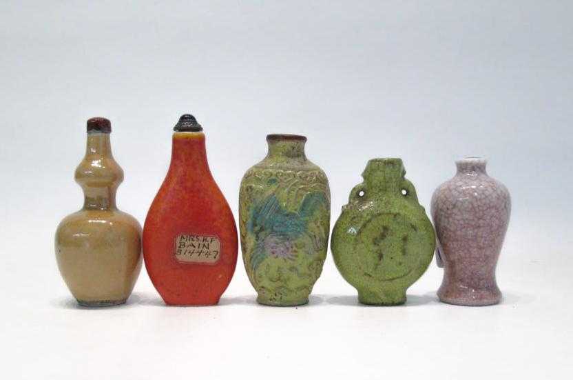 Appraisal: FIVE CHINESE POTTERY SNUFF BOTTLES in various glazes and in