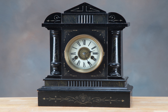 Appraisal: Vintage black wooden German Mantle Clock with unusual day time