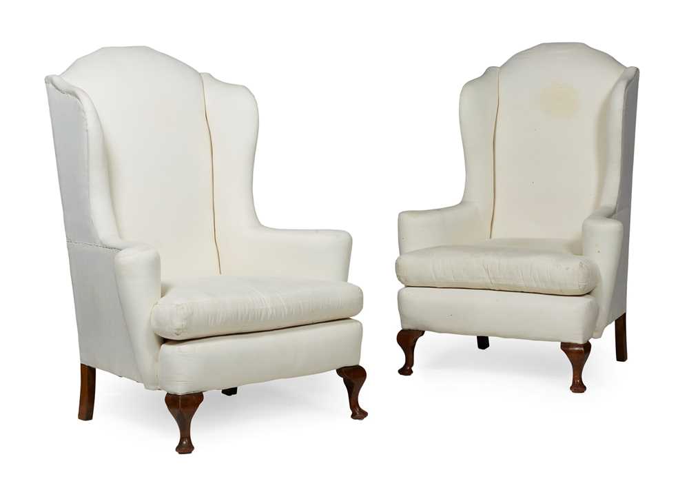 Appraisal: PAIR OF GEORGE I STYLE WINGBACK ARMCHAIRS LATE TH EARLY