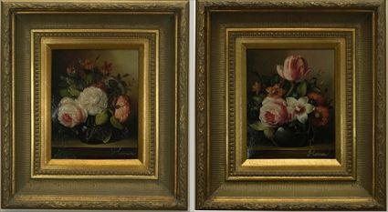 Appraisal: Two Still Life Paintings with Vases of Flowers Oil on