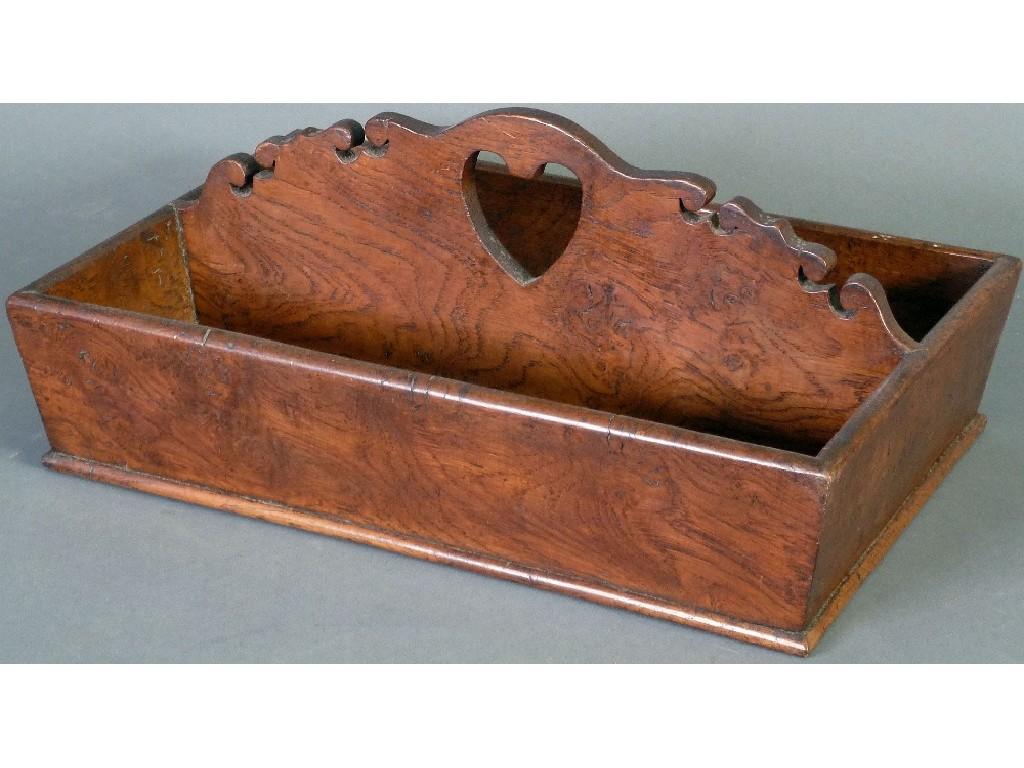 Appraisal: NINETEENTH CENTURY ELM TWO DIVISION CUTLERY TRAY with centre heart