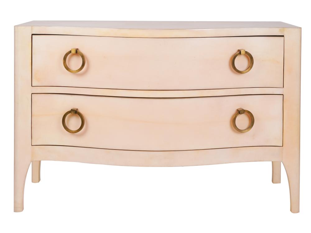 Appraisal: LACQUERED GOATSKIN TRAPU CHEST OF DRAWERSbrass hardware serpentine front fitted