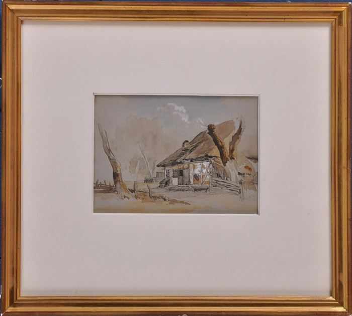 Appraisal: FRENCH SCHOOL PASTORAL LANDSCAPE WITH FARM HOUSE Pen with watercolor