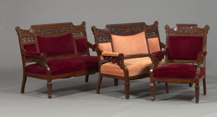 Appraisal: Three-Piece American Aesthetic Burl Walnut and Walnut Parlor Suite fourth