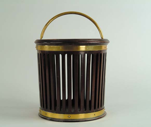 Appraisal: ENGLISH BRASS BOUND MAHOGANY PLATE PAIL Cylindrical form with pierced