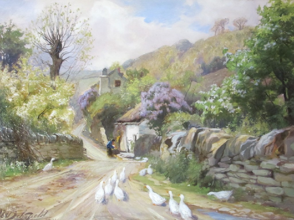 Appraisal: JOHN WILLIAM SCHOFIELD - FIGURE AND DUCKS ON A DEVON