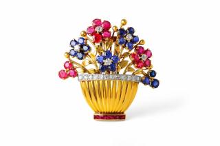 Appraisal: A Gold Platinum Sapphire Ruby and Diamond Flower Vase Brooch